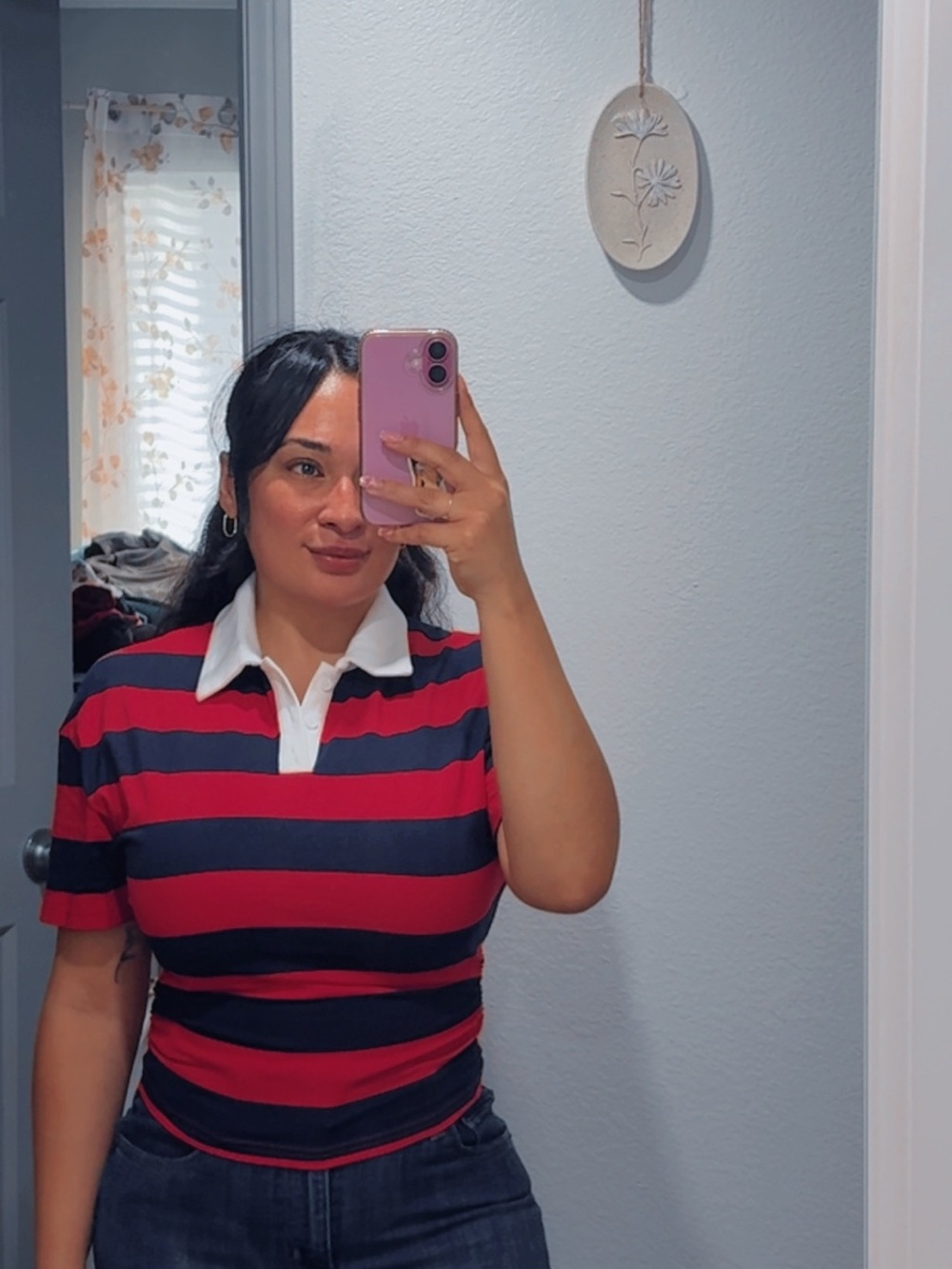 Striped Rugby Polo Top - Red & Navy